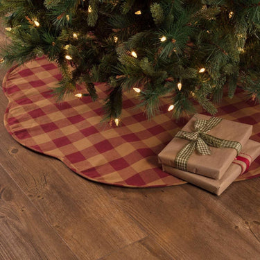 Burgundy Check Scalloped Christmas Tree Skirt 48 VHC Brands - The Fox Decor